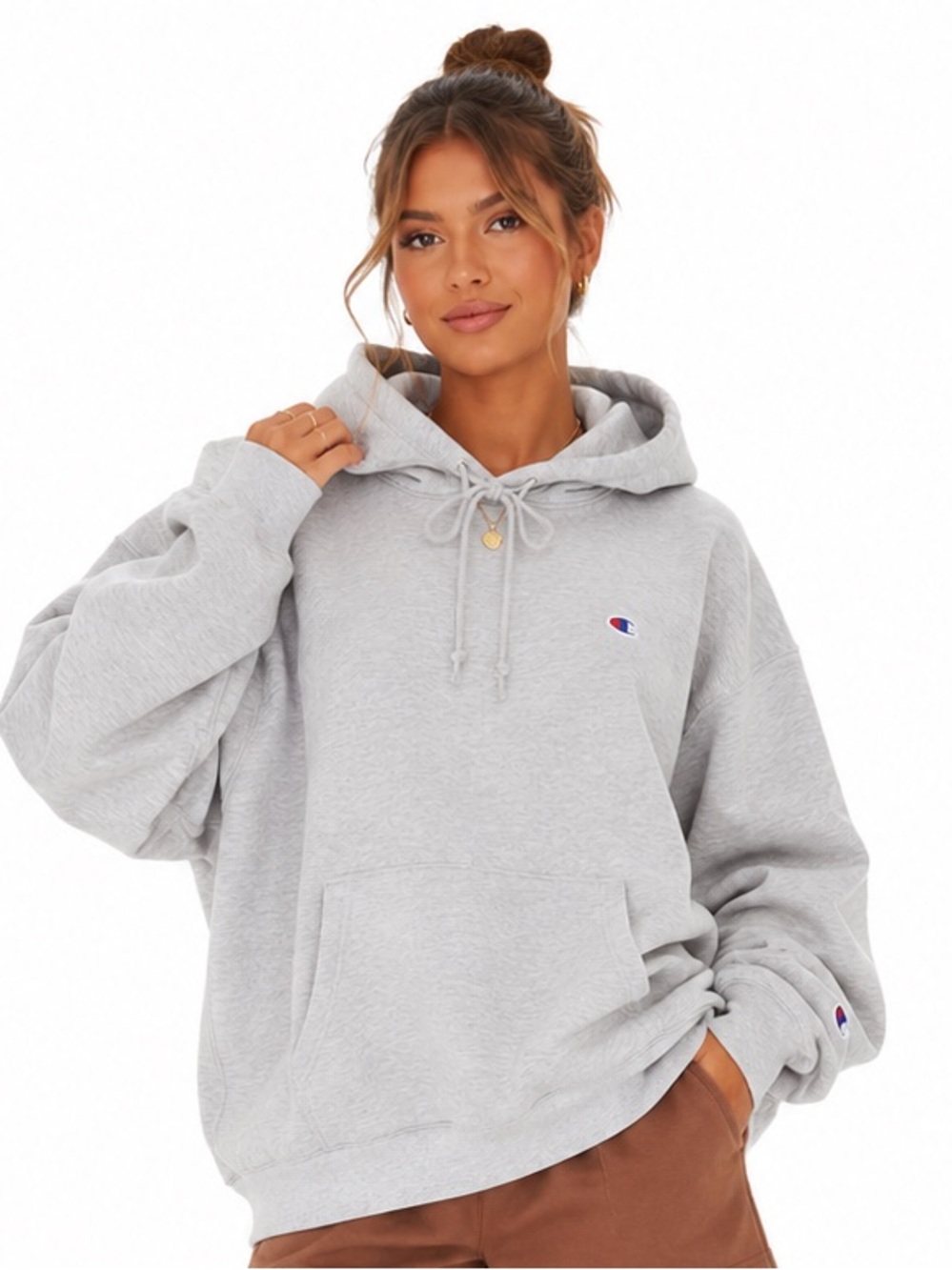 Champion Light Gray Crewneck Hoodie with Embroidered Logo